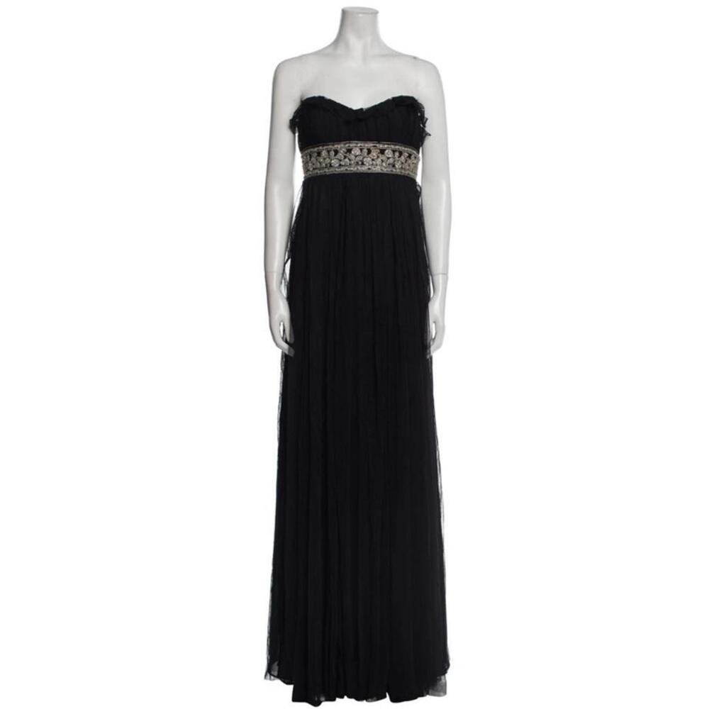 Marchesa Notte Black Tulle Mesh Gown Maxi Dress Strapless  Sz 2